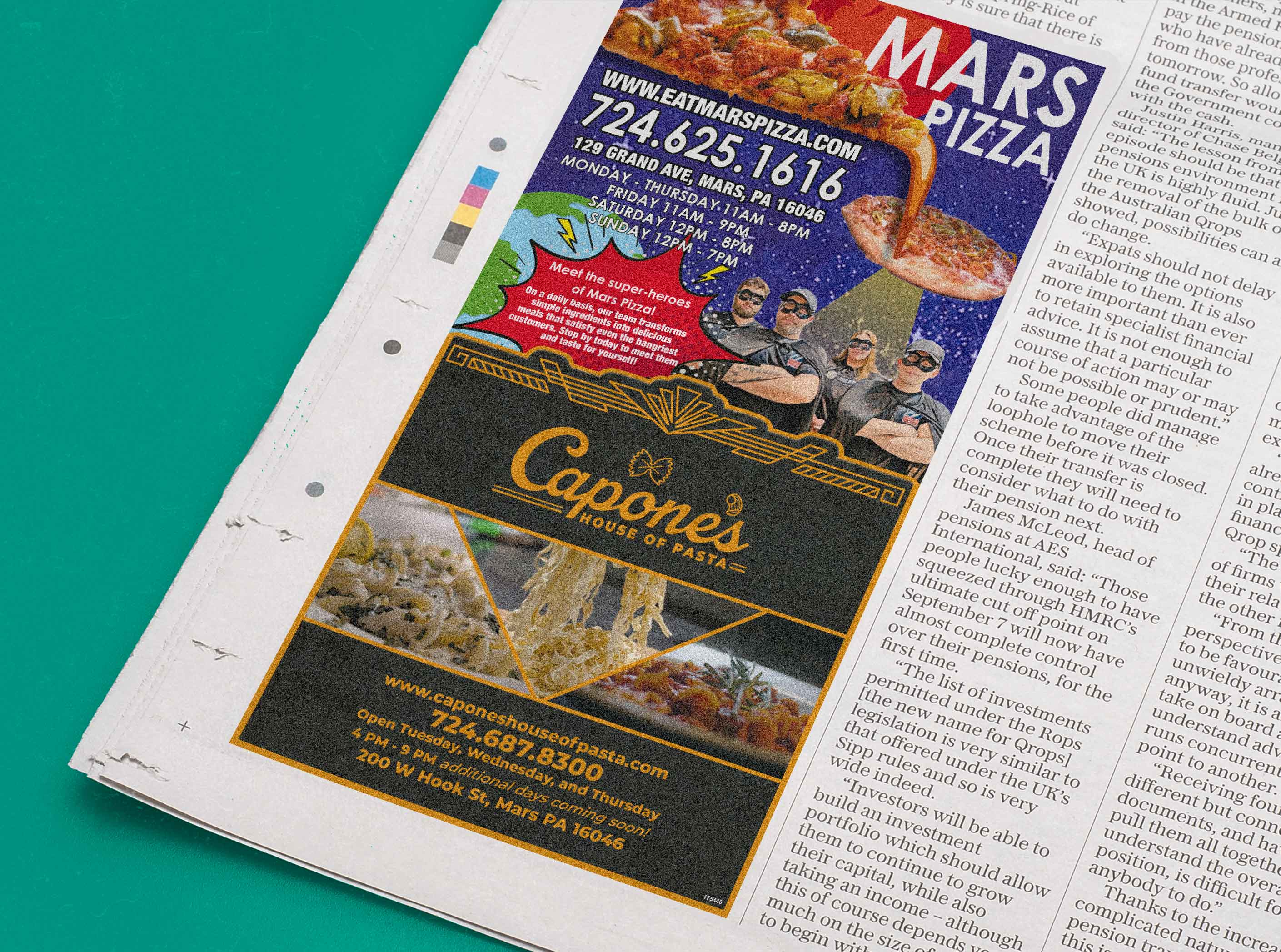 Mars Pizza and Capone's House of Pasta Butler Eagle ad